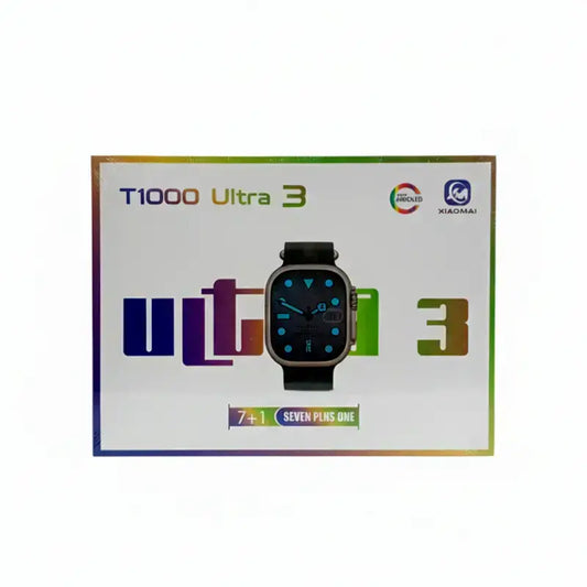 Box for T1000 Ultra 3 smartwatch with colorful branding on a white background
