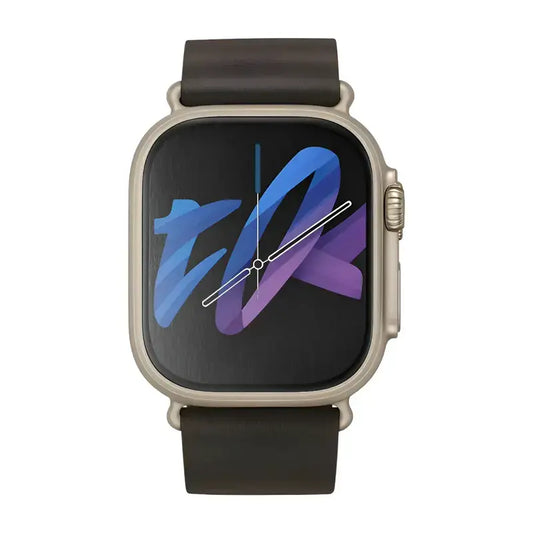 Smartwatch with a black strap and colorful display on a white background