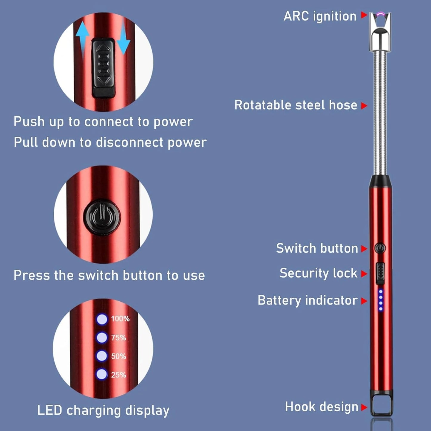 Stainless Steel Electric Rechargeable Arc Lighter