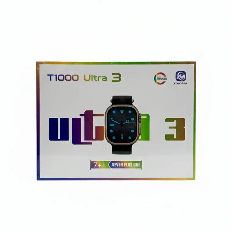 Box for T1000 Ultra 3 smartwatch with colorful branding on a white background